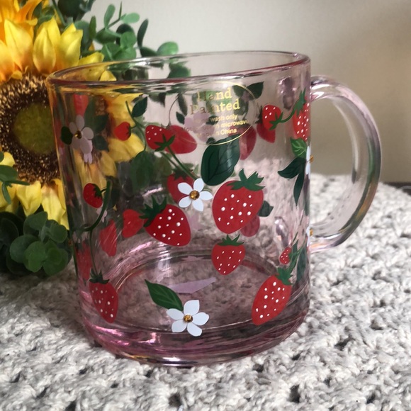 boutique Other - Hand Painted STRAWBERRY  Patterned Glass Mug